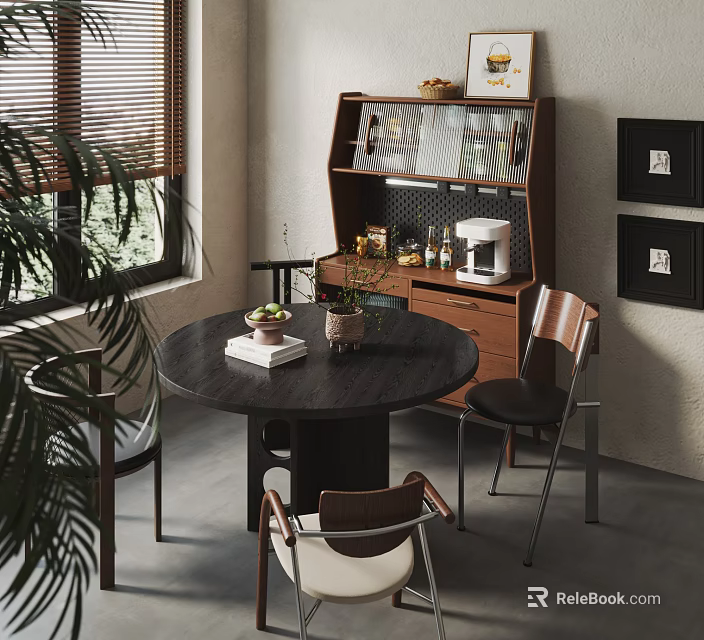 Modern Dining Room Interior Featuring Round Table Chairs Sideboard Coffee Machine And Potted Plants 3d model 