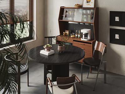 Modern Dining Room Interior Featuring Round Table Chairs Sideboard Coffee Machine And Potted Plants 3d model