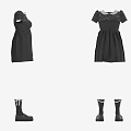 Women's Fashionable Black Short Sleeved Dresses And Sock Boots Set