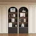 Elegant Modern Bookcase Featuring Arched Design Beige Dark Gray And Decorative Items 3d model