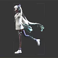 3D Anime Character With White Long Hair Purple Highlights And Blue Green Flowing Ribbons