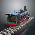 Steam Train with Black Body and Red Wheels on Railway Track with Wooden Sleepers