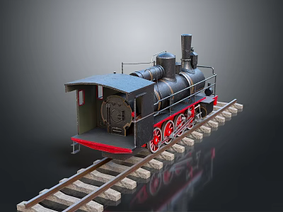 Steam Train with Black Body and Red Wheels on Railway Track with Wooden Sleepers 3d model