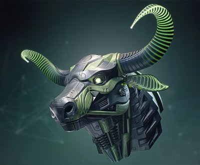 Futuristic Smart Machine Mechanical Bull Head With Spiral Horns And Glowing Eyes 3d model