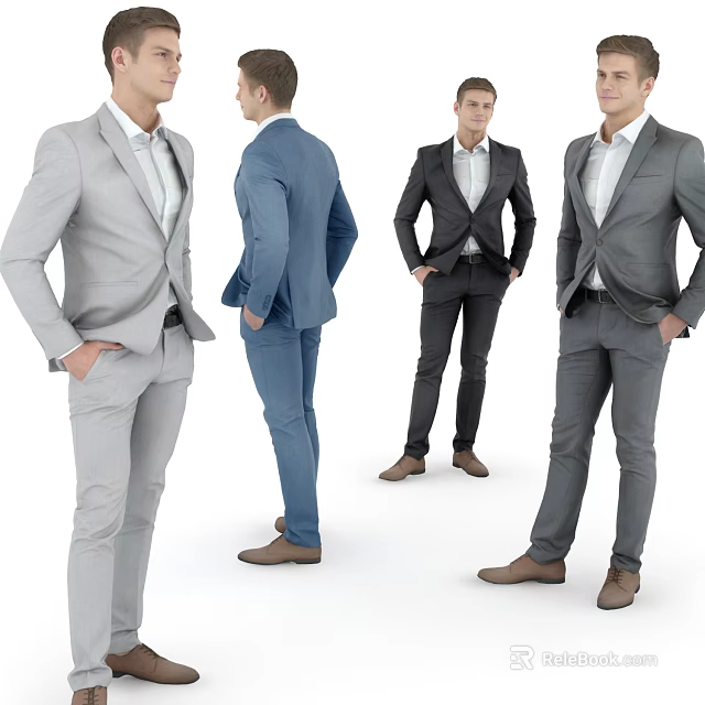 Men in Different Colored Suits With White Shirts and Ties Standing in Various Poses 3d model 