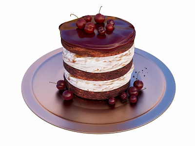 Three Layered Chocolate Cake with Chocolate Glaze and Fresh Cherries on a Metallic Plate 3d model
