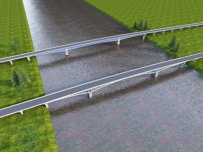 Modern Design Bridges Over River With Green Grass And Trees 3d model