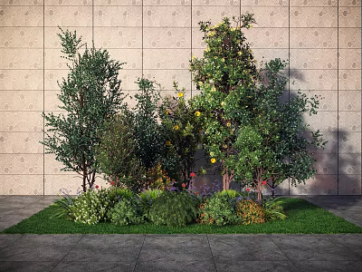 Trees With Shrubs Flowers And Grass In Outdoor Area With Textured Wall And Slate Floor 3d model