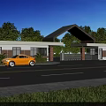 Modern Entrance Gate With Curved Roof Design Surrounding Trees And Yellow Car