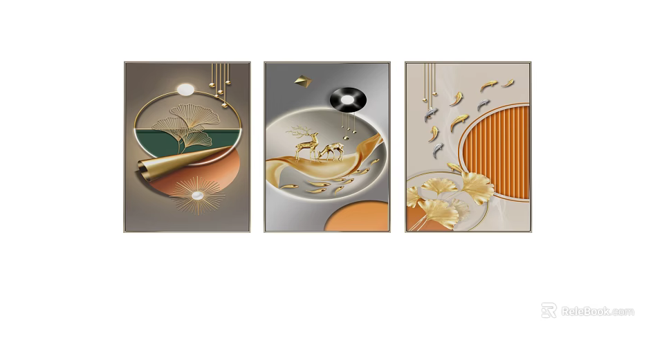 Elegant Modern Decorative Paintings With Golden Deer Fish And Ginkgo Leaves 3d model 