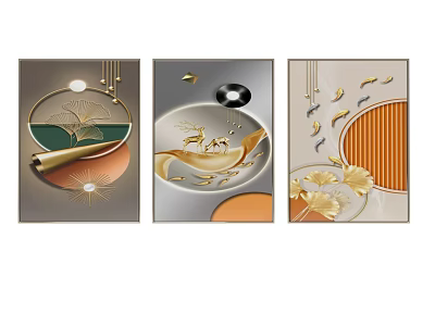Elegant Modern Decorative Paintings With Golden Deer Fish And Ginkgo Leaves 3d model