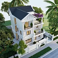 Modern Three Story White Detached Villa With Balconies And Walled Gate Surrounded By Green Trees