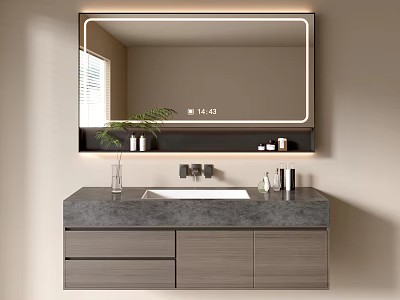Modern Bathroom Vanity Cabinet with LED Lighted Mirror Gray Countertop Drawers and Toiletries Green Plant 3d model