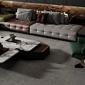 Modern Living Room Interior Design With Brown Gray Sofa Marble Coffee Table And Green Plants