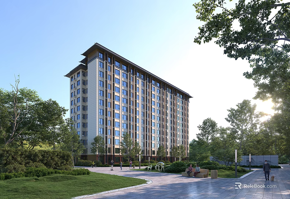 Modern High Rise Residential Building With Green Landscaping Trees Pedestrian Walkway And Park Benches 3d model 