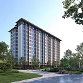 Modern High Rise Residential Building With Green Landscaping Trees Pedestrian Walkway And Park Benches