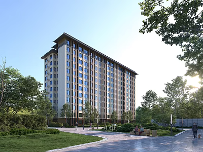 Modern High Rise Residential Building With Green Landscaping Trees Pedestrian Walkway And Park Benches 3d model