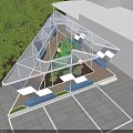Triangular Architectural Structure With Glass Panels Metal Frame Green Plants And Outdoor Seating