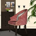 Black Entryway Side Cabinet with Drawers Doors Accent Chair Decorative Paintings Floor Lamps Green Plant