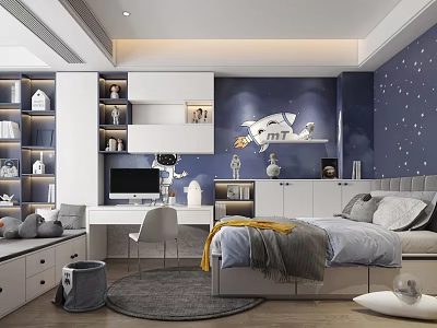 Modern Tatami Bedroom Interior With Blue Starry Wallpaper Desk Bookshelf Storage Cabinets Grey Yellow Quilt 3d model
