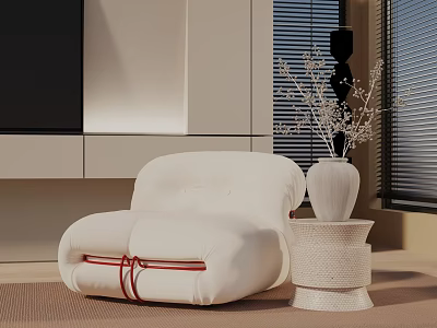 White Leisure Chair with Woven Side Table Vase and Dried Flowers in Modern Interior 3d model