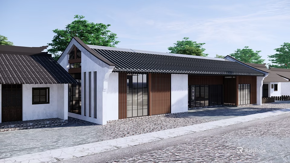 Traditional Chinese Commercial Street With Black Tile Roof White Wooden Facade And Large Glass Windows 3d model 