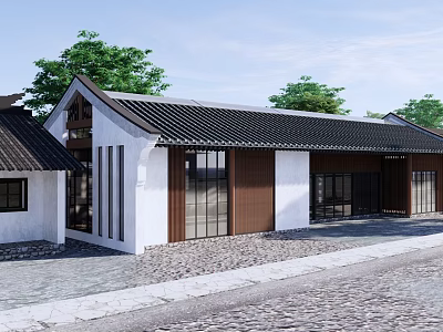 Traditional Chinese Commercial Street With Black Tile Roof White Wooden Facade And Large Glass Windows 3d model