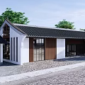 Traditional Chinese Commercial Street With Black Tile Roof White Wooden Facade And Large Glass Windows