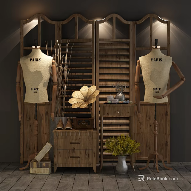 Mannequins with Paris Print in Vintage Wooden Display Room with Phonograph Green Plants and Shoes 3d model 