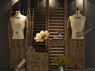 Mannequins with Paris Print in Vintage Wooden Display Room with Phonograph Green Plants and Shoes 3d model