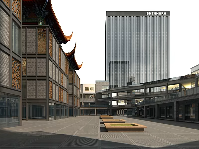 Traditional Modern Commercial Street With Open Plaza Glass Skyscraper And Retail Shops 3d model