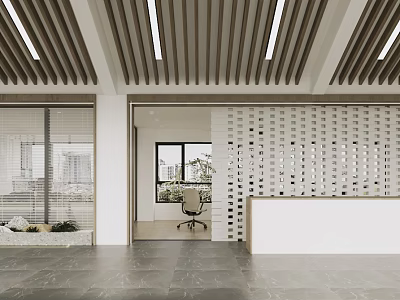 Modern Office Interior With Wooden Ceiling Slats Glass Partitions Reception Desk And City View Window 3d model