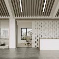 Modern Office Interior With Wooden Ceiling Slats Glass Partitions Reception Desk And City View Window