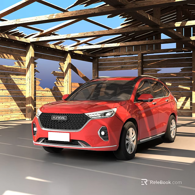 Red Haval SUV in Wooden Garage Structure With Modern Exterior Design 3d model 
