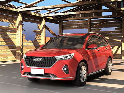 Red Haval SUV in Wooden Garage Structure With Modern Exterior Design 3d model