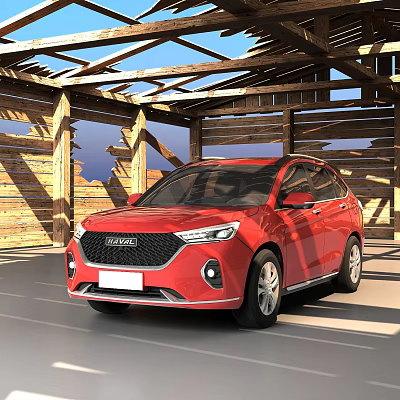 Red Haval SUV in Wooden Garage Structure With Modern Exterior Design 3d model