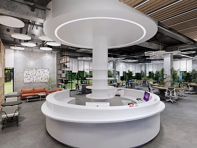 Modern Public Office Space Interior With Circular Reception Desk And Green Plants 3d model