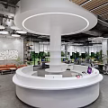 Modern Public Office Space Interior With Circular Reception Desk And Green Plants