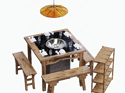 Chinese Style Dining Table Set With Hot Pot Wooden Stools Shelf And Pendant Lamp 3d model