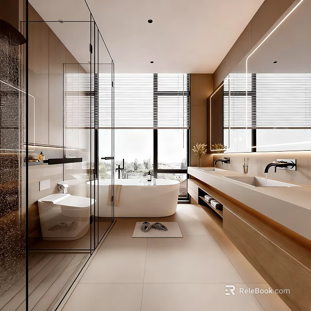 Modern Bright Warm Toned Bathroom Interior With Freestanding Bathtub Glass Shower And Double Sink Vanity 3d model 