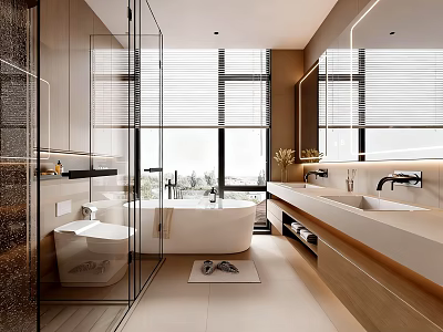 Modern Bright Warm Toned Bathroom Interior With Freestanding Bathtub Glass Shower And Double Sink Vanity 3d model