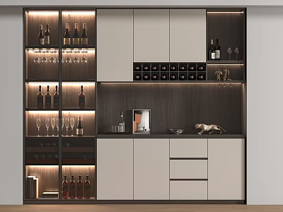 Modern Wine Cabinet Design With Glass Shelves Wine Bottles And Hanging Glasses 3d model