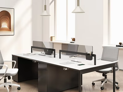 Public Office Space With Modern Desks Dividers Ergonomic Chairs Pendant Lights And Large Windows 3d model