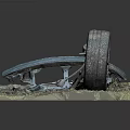 Car Tire With Blue Mechanical Components On Grass Base And Small Parts