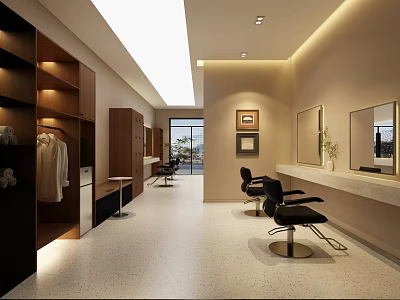 Elegant Modern Beauty Hair Salon Interior With Black Barber Chairs Marble Countertops And Natural Light 3d model