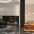Elegant Modern Bar Counter With High Stools And Wine Racks Under Pendant Lights