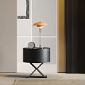Modern Dark Wooden Nightstand with Round Clock and Orange Shade Lamp against White Wall