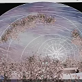 Elegant Banquet Hall With Hanging Circular Ornaments Purple Pink Flowers And Lighting