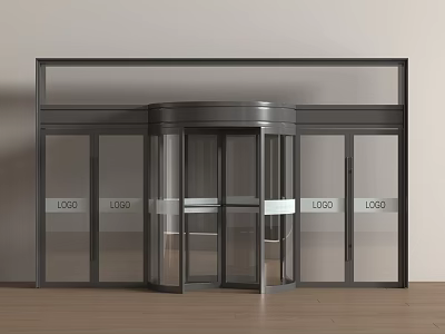 Modern Revolving Door Entrance With Glass Panels And Multiple Logos For Commercial Building 3d model