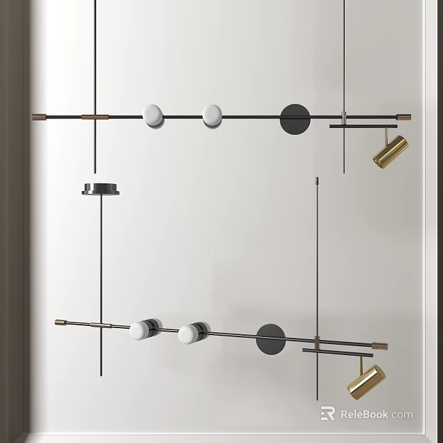 Modern Pendant Light Design With Black Gold Rods And White Black Circular Elements 3d model